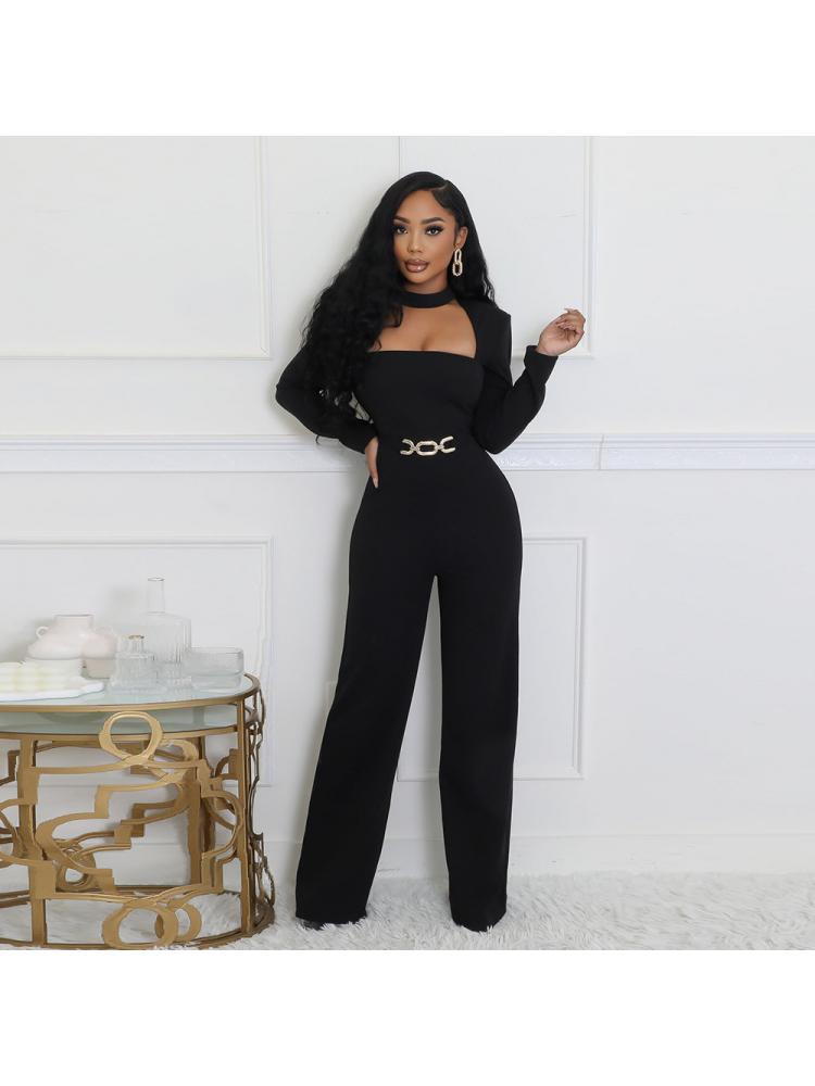 Metal Decor Hollow-out Straight Jumpsuits