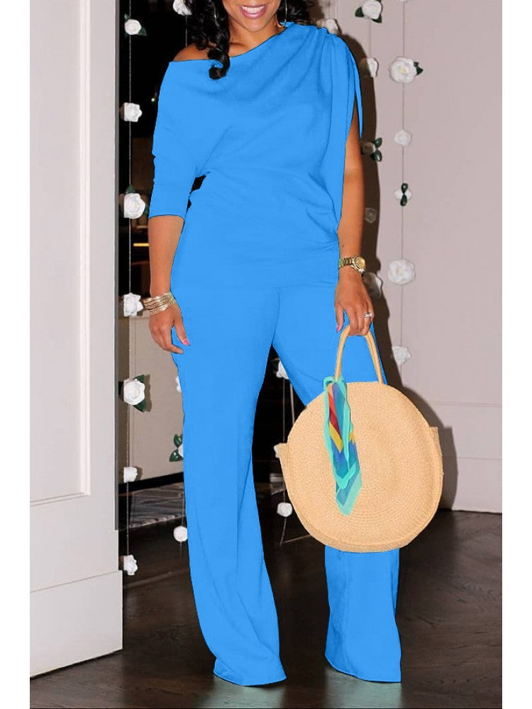 Plain Inclined Shoulder Loose Pant Sets