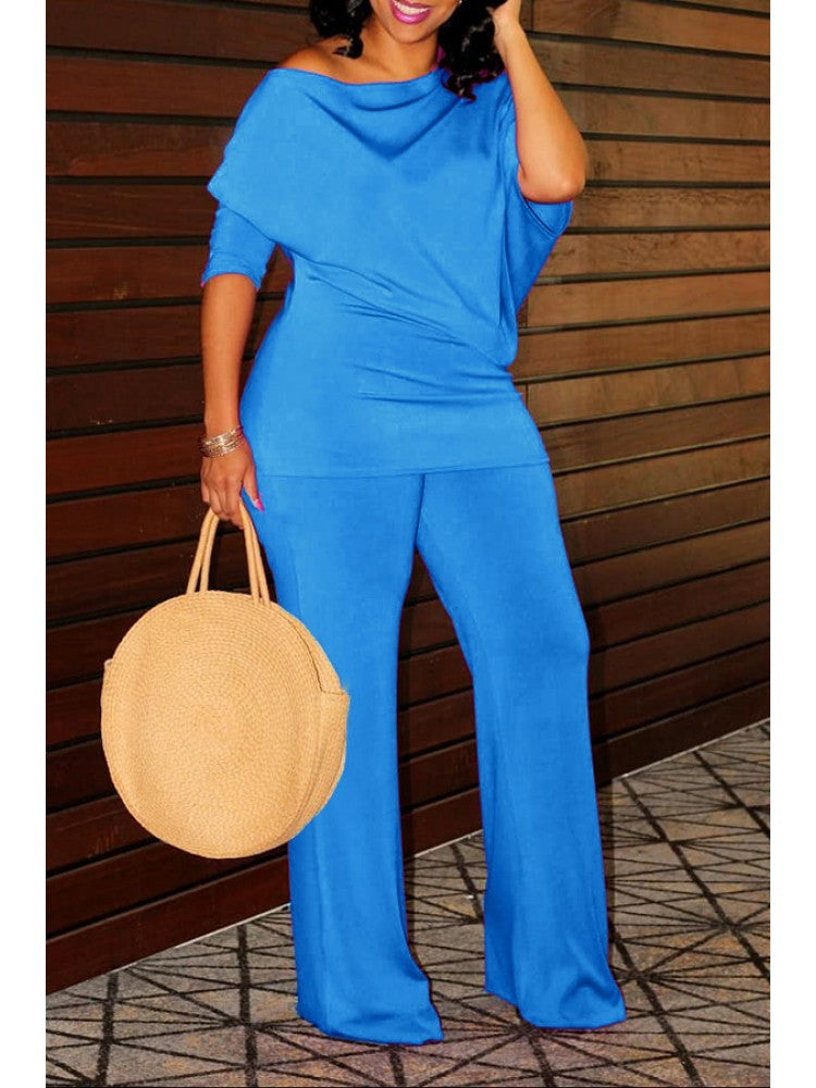 Plain Inclined Shoulder Loose Pant Sets