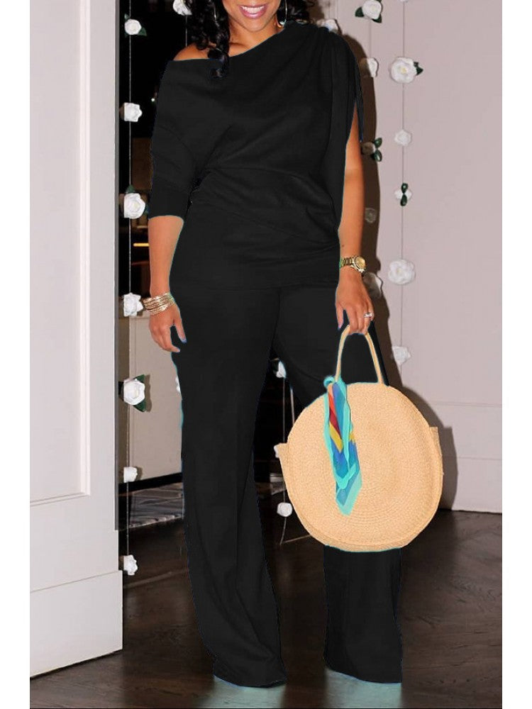 Plain Inclined Shoulder Loose Pant Sets