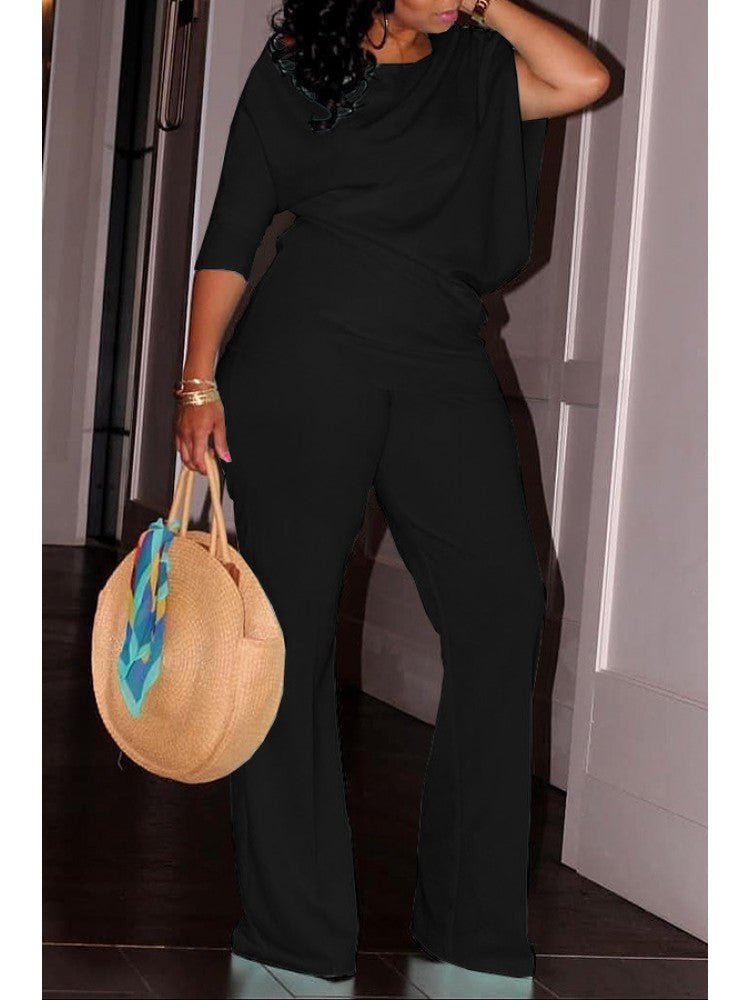 Plain Inclined Shoulder Loose Pant Sets