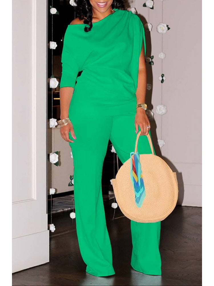 Plain Inclined Shoulder Loose Pant Sets