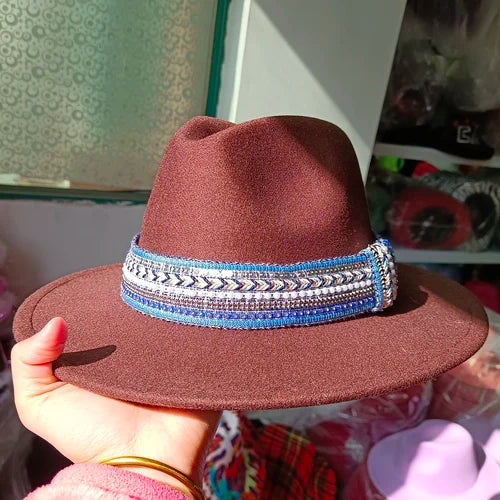 Classic fedora hat women's ribbon big brim hat autumn and winter woolen flat brim top hat for men women woolen Panama jazz hat