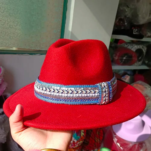 Classic fedora hat women's ribbon big brim hat autumn and winter woolen flat brim top hat for men women woolen Panama jazz hat