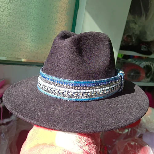 Classic fedora hat women's ribbon big brim hat autumn and winter woolen flat brim top hat for men women woolen Panama jazz hat