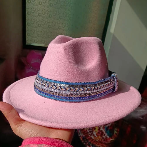 Classic fedora hat women's ribbon big brim hat autumn and winter woolen flat brim top hat for men women woolen Panama jazz hat