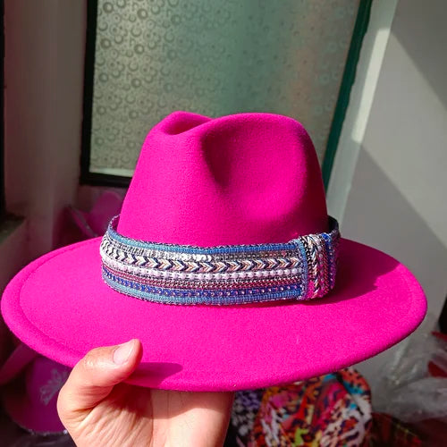 Classic fedora hat women's ribbon big brim hat autumn and winter woolen flat brim top hat for men women woolen Panama jazz hat