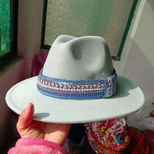 Classic fedora hat women's ribbon big brim hat autumn and winter woolen flat brim top hat for men women woolen Panama jazz hat