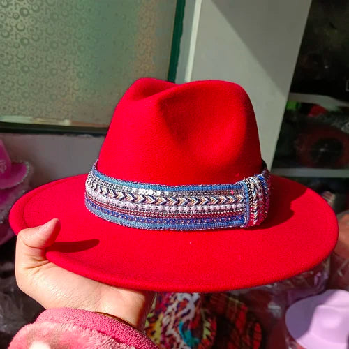 Classic fedora hat women's ribbon big brim hat autumn and winter woolen flat brim top hat for men women woolen Panama jazz hat