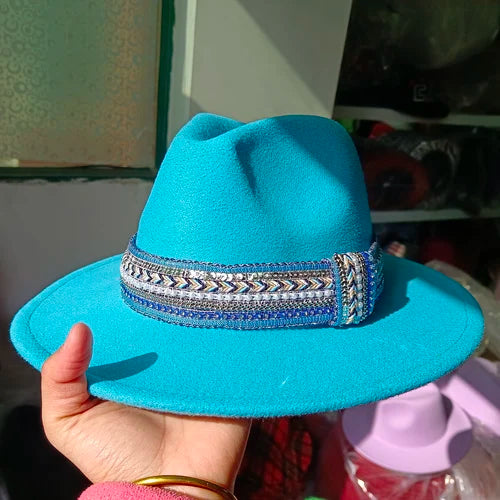 Classic fedora hat women's ribbon big brim hat autumn and winter woolen flat brim top hat for men women woolen Panama jazz hat