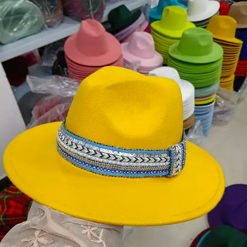 Classic fedora hat women's ribbon big brim hat autumn and winter woolen flat brim top hat for men women woolen Panama jazz hat
