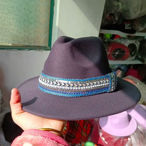 Classic fedora hat women's ribbon big brim hat autumn and winter woolen flat brim top hat for men women woolen Panama jazz hat