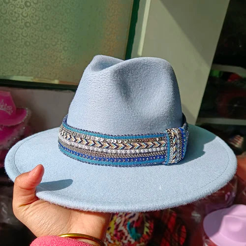 Classic fedora hat women's ribbon big brim hat autumn and winter woolen flat brim top hat for men women woolen Panama jazz hat
