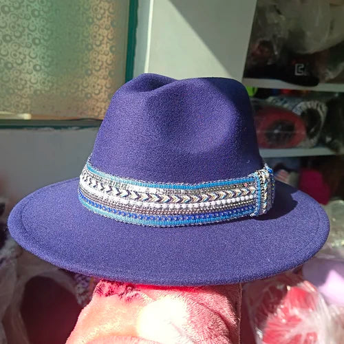Classic fedora hat women's ribbon big brim hat autumn and winter woolen flat brim top hat for men women woolen Panama jazz hat