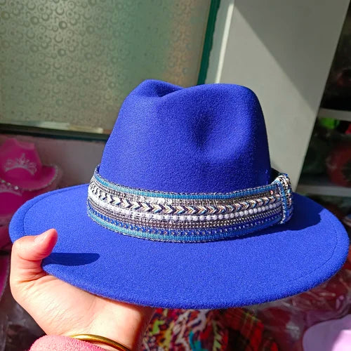 Classic fedora hat women's ribbon big brim hat autumn and winter woolen flat brim top hat for men women woolen Panama jazz hat