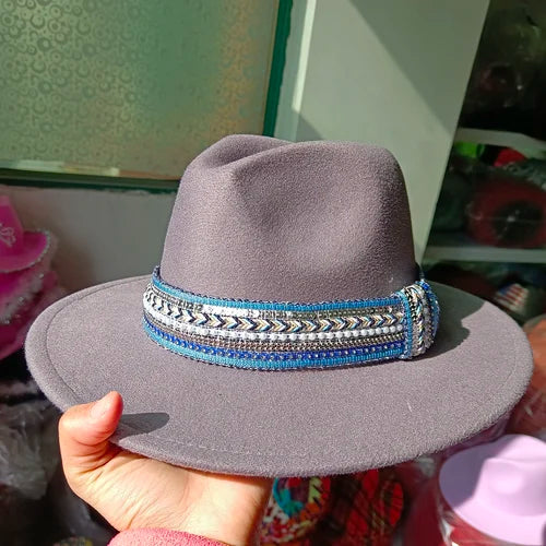 Classic fedora hat women's ribbon big brim hat autumn and winter woolen flat brim top hat for men women woolen Panama jazz hat
