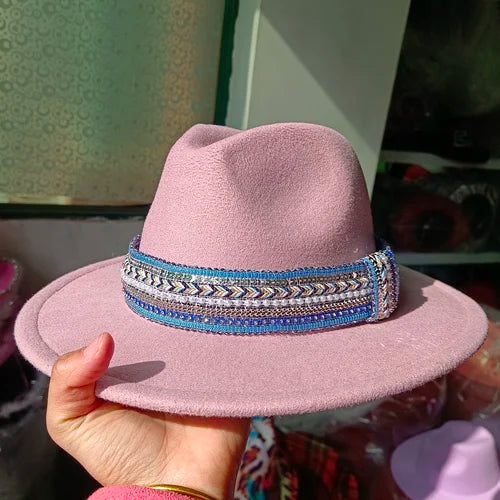 Classic fedora hat women's ribbon big brim hat autumn and winter woolen flat brim top hat for men women woolen Panama jazz hat