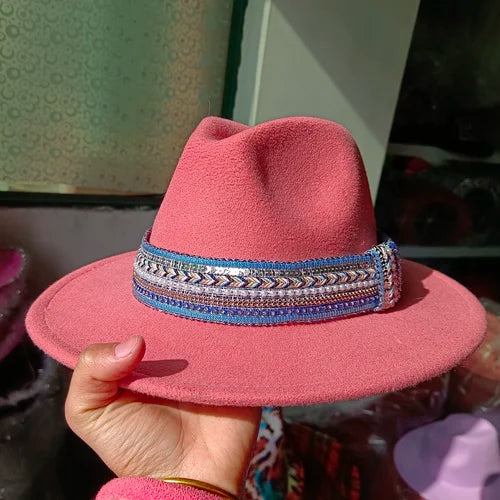 Classic fedora hat women's ribbon big brim hat autumn and winter woolen flat brim top hat for men women woolen Panama jazz hat