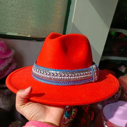 Classic fedora hat women's ribbon big brim hat autumn and winter woolen flat brim top hat for men women woolen Panama jazz hat