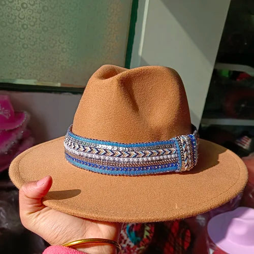 Classic fedora hat women's ribbon big brim hat autumn and winter woolen flat brim top hat for men women woolen Panama jazz hat
