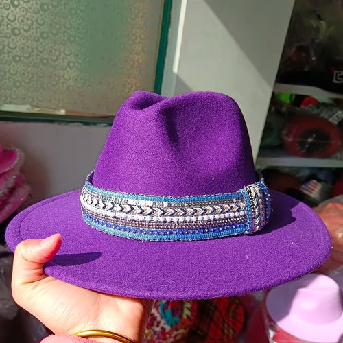 Classic fedora hat women's ribbon big brim hat autumn and winter woolen flat brim top hat for men women woolen Panama jazz hat