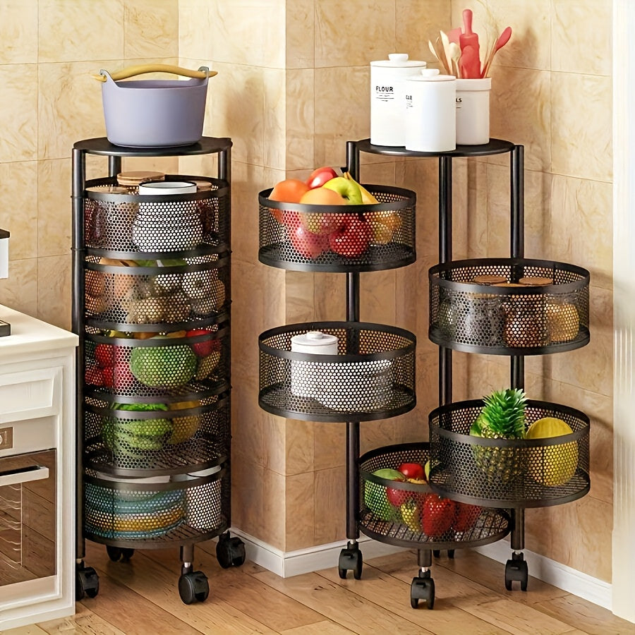 Versatile Space-Saving Multi-Layer Rotating Storage Rack - Stainless Steel, Floor Standing for Fruits & Vegetables, Ideal for Kitchen Organization