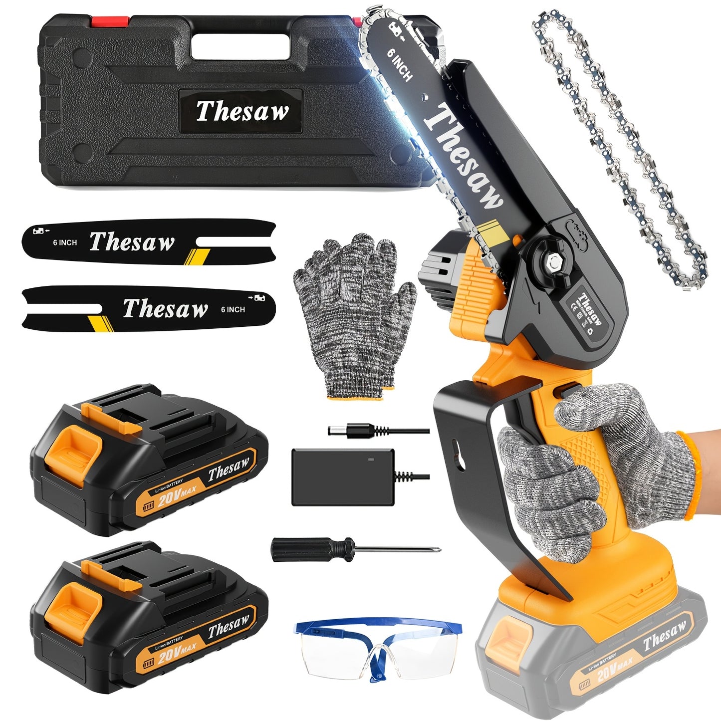 Mini Chainsaw 6-Inch Cordless Power Chain Saws With Security Lock Small Handheld Chain Saw With 2 Batteries, 2 Guide Plates And Toolbox For Wood Cutting, Tree Trimming, Gardening, Courtyard And Garden Great Christmas Gift