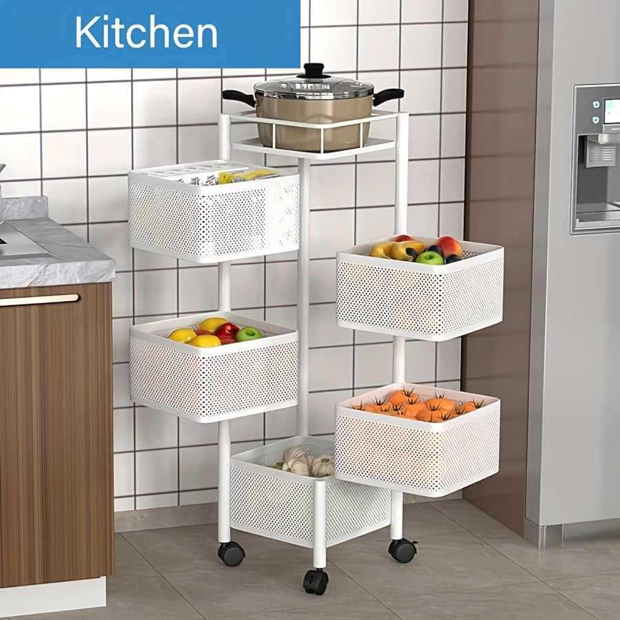 Kitchen No Installation Storage Rack, 5 Layers Of Box Rotating Storage Rack, Kitchenware And Tableware Rack, Multi-functional Fruit And Vegetable Storage Rack, Multi-layer Wheeled Storage Cart, Bathroom And Living Room