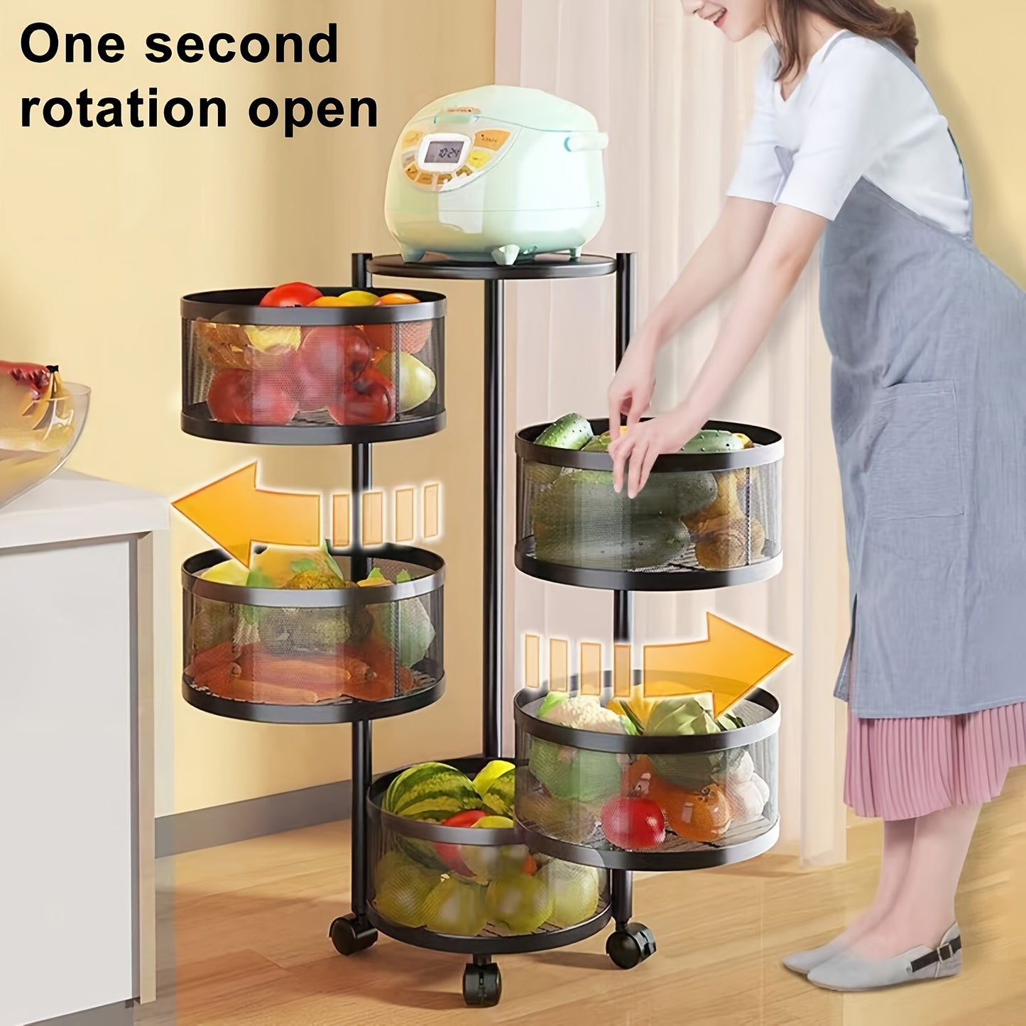 Versatile Space-Saving Multi-Layer Rotating Storage Rack - Stainless Steel, Floor Standing for Fruits & Vegetables, Ideal for Kitchen Organization